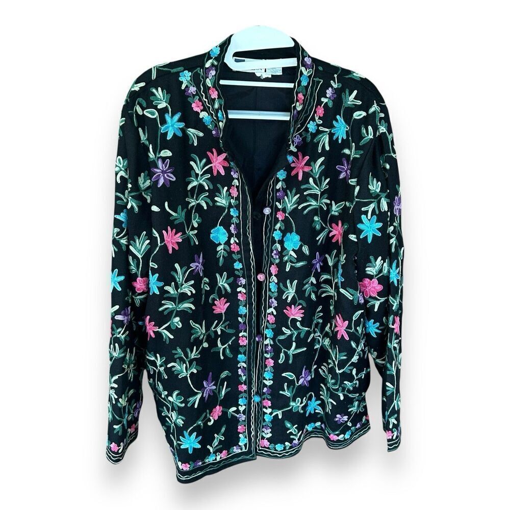 Vintage Embroidered Floral Jacket Black Purple Green Pink Wool Pockets Sz Large